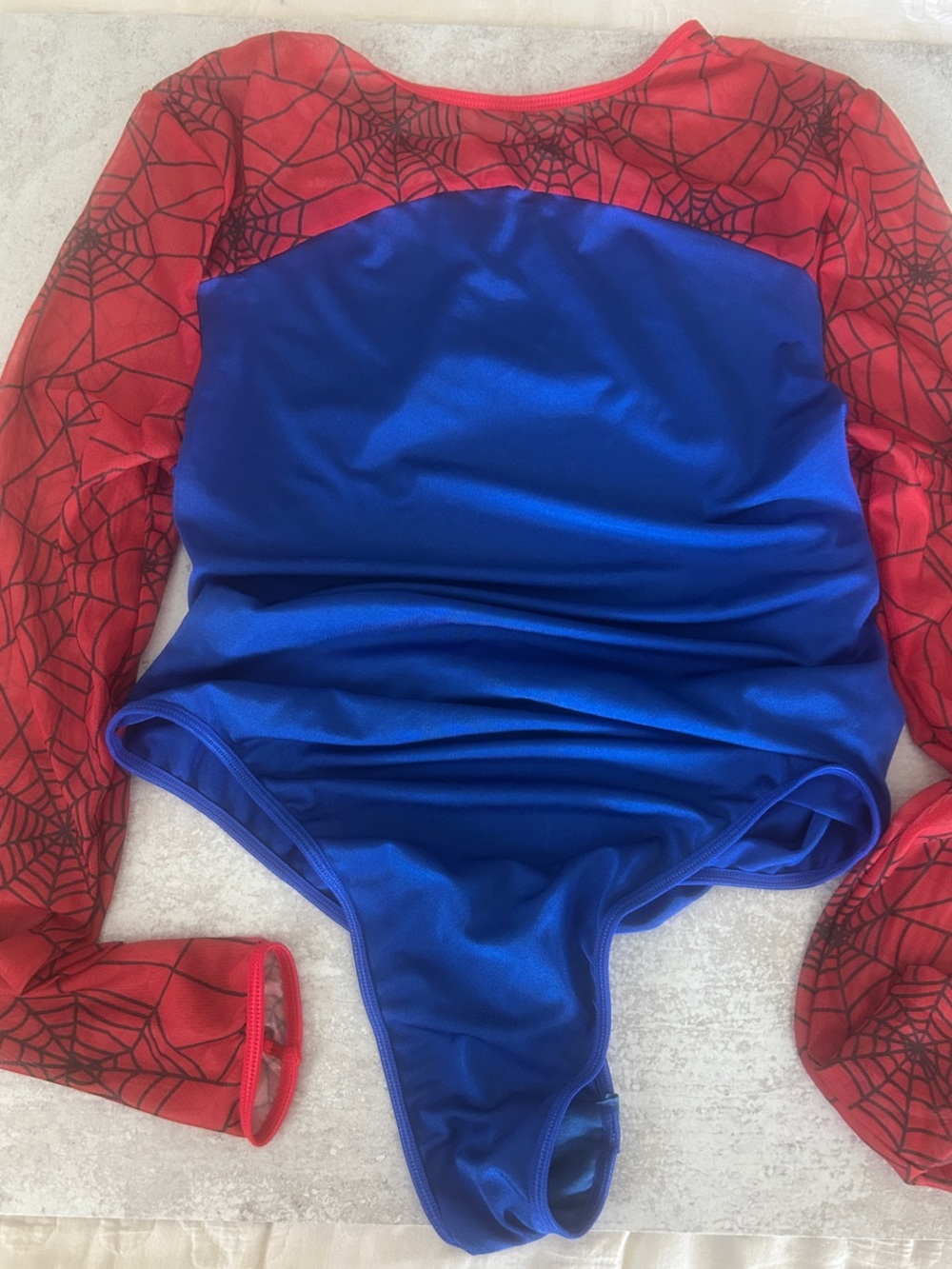 Long-Sleeve Red Spider-Print & Blue Stretch Bodysuit with tights